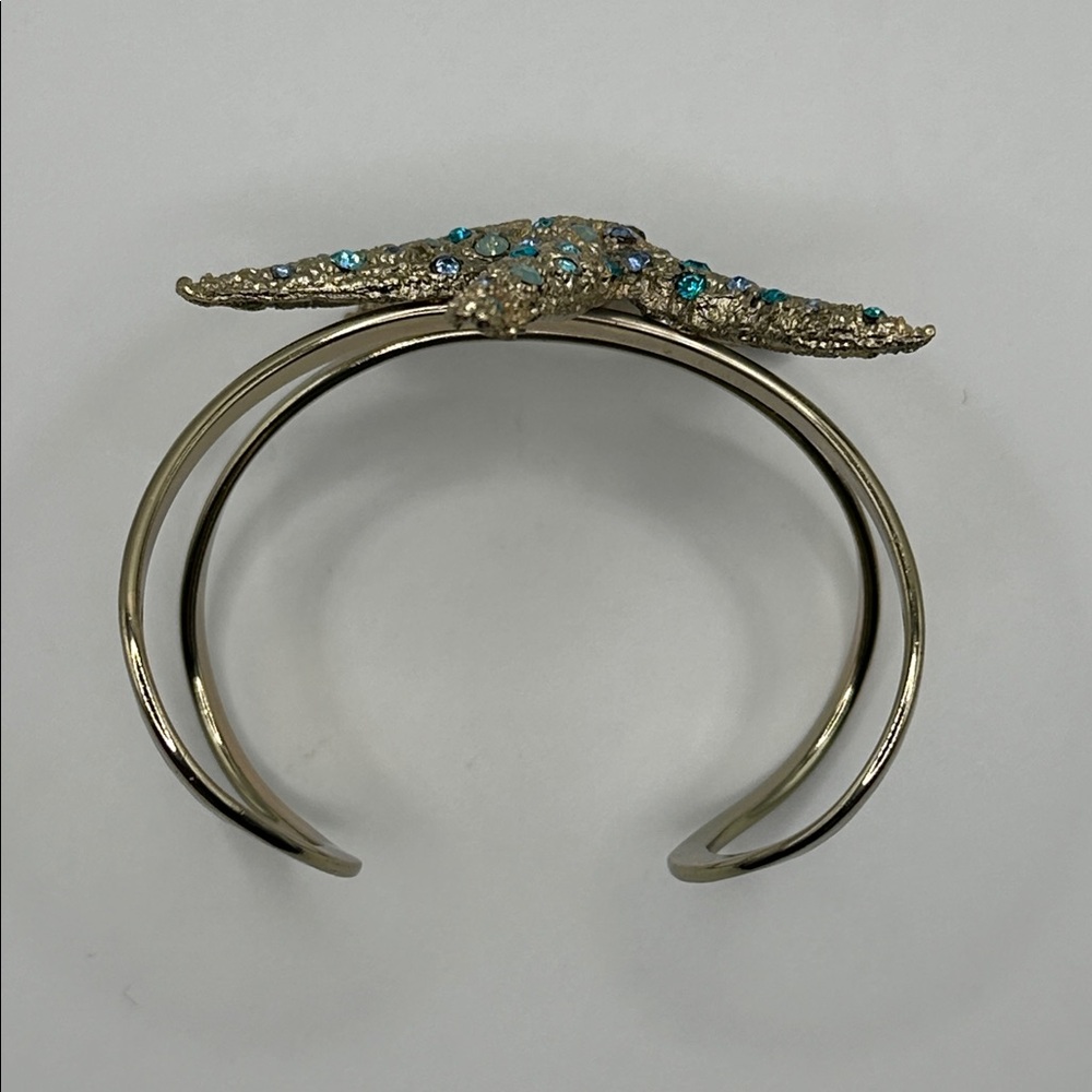 Lot of 2 Starfish Bracelets - Cuff, Gold Tone & Silvertone, Gemstones Green Blue - Picture 3 of 7